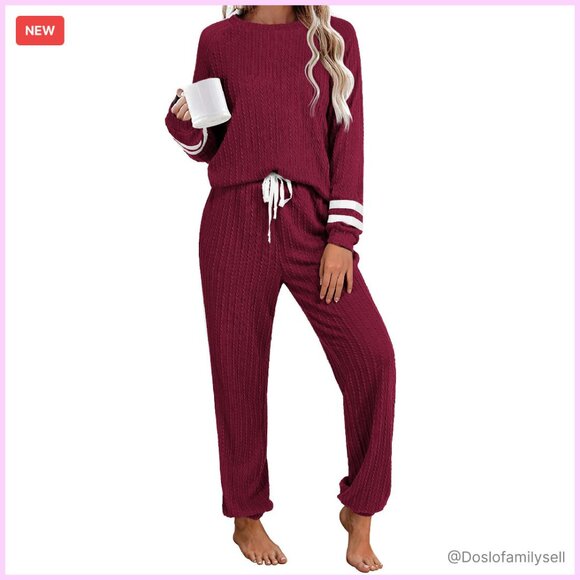 Ribbed Knit Lounge Set Long Sleeve Sweatsuit Pajamas with Pockets Cozy Chic
